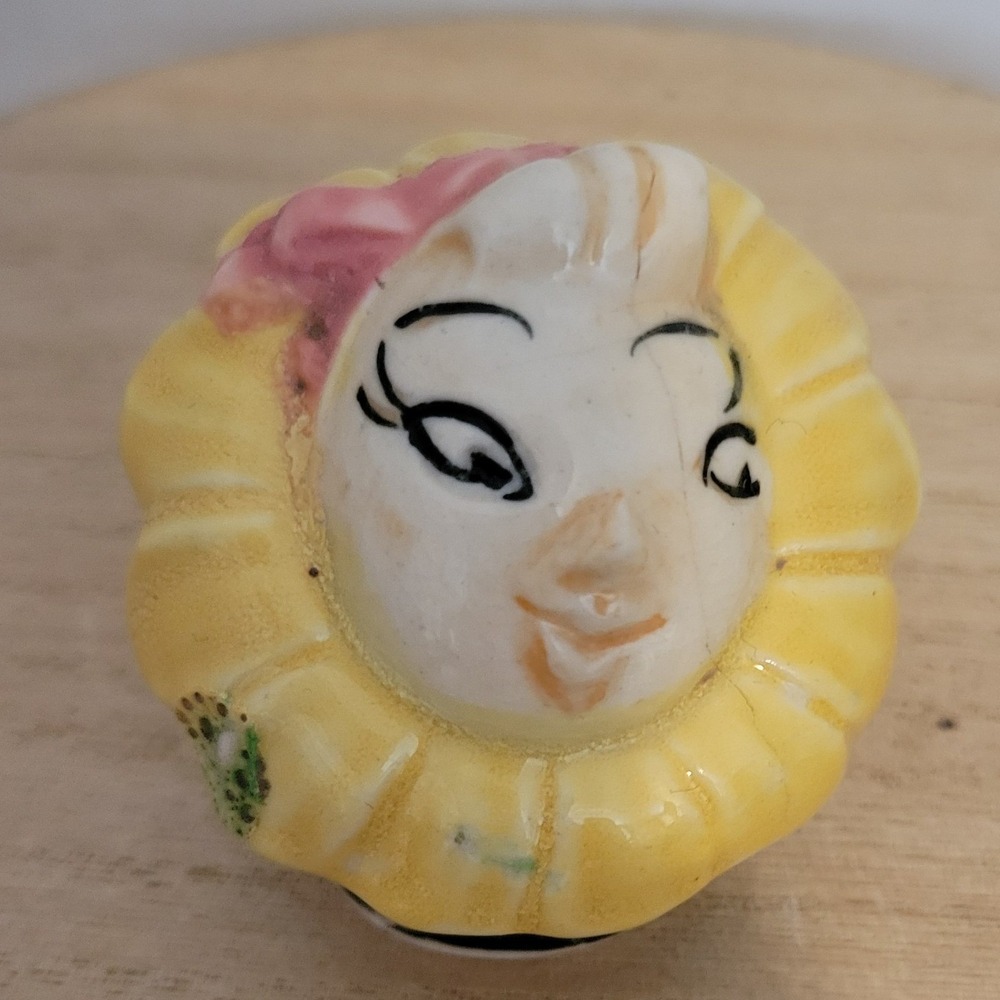 Vintage Japan Ceramic Lady Head Salt Shaker Yellow Ruffle Pink Bow Mid Century